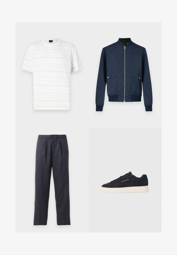 Chaqueta bomber azul marino hecha de tela lisa, con cierre frontal de cremallera, cuello y puños acanalados, y dos bolsillos delanteros con detalles en plata.; Camiseta blanca de manga corta, con líneas discontinuas horizontales en azul claro, rosa y negro. Diseño clásico de cuello redondo.; Pantalones oscuros de color azul marino, hechos de una tela suave, con un diseño de frente plisado y cintura elástica. Cuentan con un cierre de botón y un corte recto.; Zapatilla baja de ante azul marino con suela blanca, cordones azul marino y logo de "Filling Pieces" en dorado en el lateral.