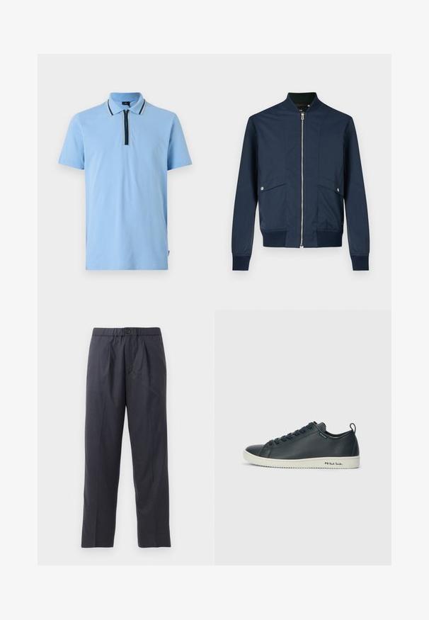 Tamsiai mėlyna bombonešio striukė iš lygios medžiagos, turinti užtrauktuką priekyje, riboto apykaklę ir rankogalius bei dvi priekinės kišenės su sidabrine apdaila.; Šviesiai mėlynas polo marškinėliai su trumpomis rankovėmis, apykakle ir užtrauktuku priekyje. Yra kontrastingos juostelės aplink apykaklę ir užtrauktuko zonas.; Tamsiai mėlynos kelnės, pagamintos iš švelnios medžiagos, su klostėtu priekiu ir elastingu juosmeniu. Yra mygtuko užtrauktukas ir tiesios išklikimo pjūvis.; Tamsiai mėlynos odinės sportbačiai su lygiu paviršiumi, apvaliu pirštu, šešem akelių raišteliu ir kontrastinga balta guma. Šone yra prekinis ženklas.