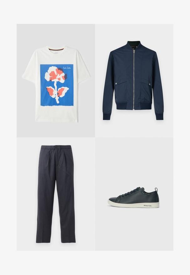 Temno modra bomber jakna iz gladkega blaga, z zadrgo spredaj, rebrastim ovratnikom in manšetami ter dvema sprednjima žepoma s srebrno kovinsko opremo.; Bela bombažna majica s velikim modrim kvadratnim grafičnim motivom z večbarvnim abstraktnim cvetnim vzorcem in napisem "Paul Smith" v kotu.; Temno modri hlače iz mehkega materiala z nabranim sprednjim delom in elastičnim pasom. Imajo gumbasto zapiranje in ravno krojene hlačnice.; Temno mornarsko usnjeno teniško obuvalo z gladko površino, okroglo konico, vezalkami s šestimi očesi ter kontrastnim belim gumijastim podplatom. Na strani se nahaja znamčenje.