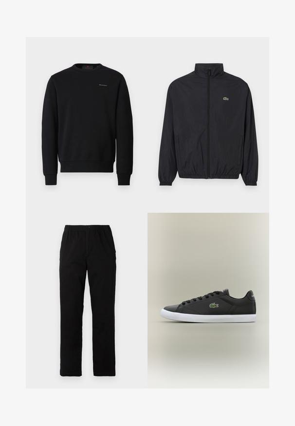 Svart lett jakke med stående krage, frontglidelås, elastiske mansjetter og hem. Har en liten grønn Lacoste-logo på brystet.; Svart bomullssweatshirt med rund hals, lange ermer, ribbestrikkede mansjetter og kant, med en liten hvit "BELSTAFF"-logo på brystet.; Sorte bukser laget av bomullsblandet stoff, med rett snitt, elastisk midjebånd med knapp, og uten synlige mønstre eller detaljer.; Svarte lær sneakers med hvit gummisåle, med grønt krokodillelogo og runde snører, elegant design med glatt tekstur.