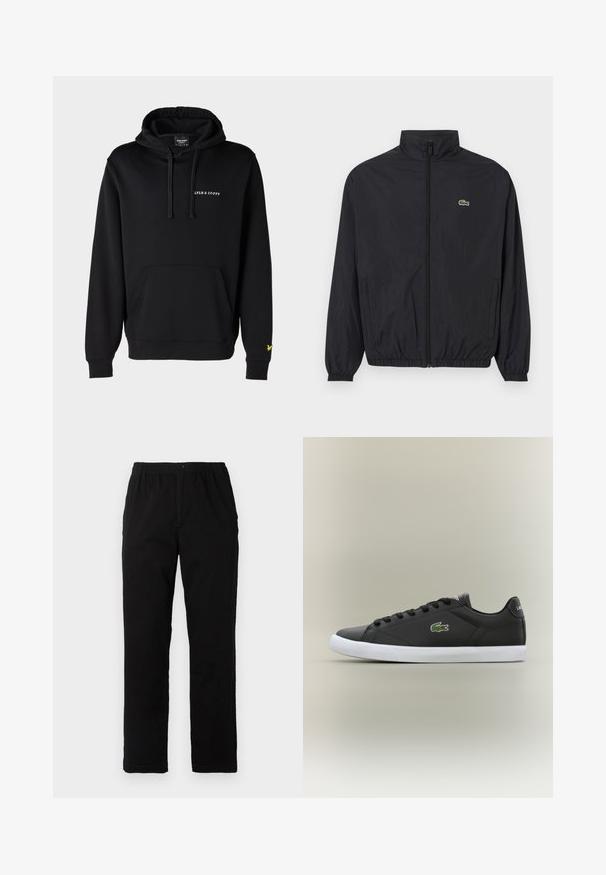 Jachetă ușoară de culoare neagră cu guler înalt, fermoar frontal, manșete elastice și tiv. Dispune de un mic logo verde Lacoste pe piept.; Hanorac negru din bumbac, cu buzunar pe față tip kangaroo. Prezintă text alb cu logo pe piept și un logo de pasăre galben pe manșetă.; Pantaloni negri dintr-un material textil amestecat de bumbac, cu croială dreaptă, talie elastică cu nasture și fără modele sau accente vizibile.; Tenisi negri din piele cu talpă din cauciuc alb, având un logo verde de crocodil și șireturi rotunde, design elegant cu textură fină.