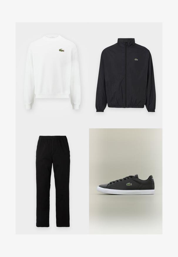Svart lett jakke med stående krage, frontglidelås, elastiske mansjetter og hem. Har en liten grønn Lacoste-logo på brystet.; Hvit sweatshirt med rund hals, med en liten grønn brodert krokodillelogo på venstre bryst og ribbestrikkede mansjetter og kant.; Sorte bukser laget av bomullsblandet stoff, med rett snitt, elastisk midjebånd med knapp, og uten synlige mønstre eller detaljer.; Svarte lær sneakers med hvit gummisåle, med grønt krokodillelogo og runde snører, elegant design med glatt tekstur.