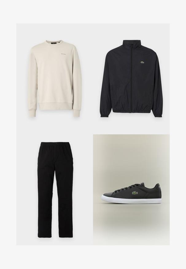 Black lightweight jacket with a stand collar, front zipper, elastic cuffs, and hem. Features a small green Lacoste logo on the chest.; Light beige sweatshirt made of soft cotton blend, featuring a crew neck, long sleeves, and a subtle logo on the chest.; Black pants made of cotton blend fabric, featuring a straight cut, elastic waistband with button, and no visible patterns or accents.; Black leather sneakers with white rubber sole, featuring a green crocodile logo and round laces, sleek design with smooth texture.