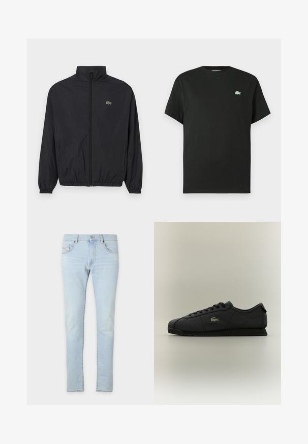 Giacca leggera nera con colletto alto, zip frontale, polsini elastici e orlo. Presenta un piccolo logo verde Lacoste sul petto.; Maglietta nera in cotone con scollo a girocollo, maniche corte e logo ricamato verde sul lato sinistro del petto. Tessuto liscio, vestibilità comoda.; Jeans in denim azzurro chiaro con una vestibilità slim, dotati di tasche frontali e posteriori, e con una leggera usura sul tessuto per aggiungere texture.; Sneaker neri a basso profilo con lacci sul davanti, suola testurizzata e logo in oro a forma di coccodrillo sul lato.