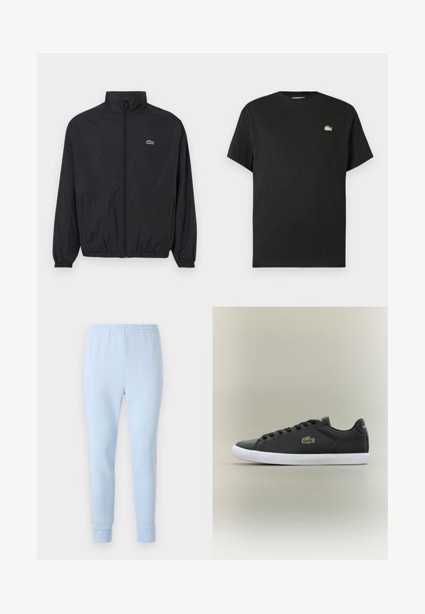 Svart lett jakke med stående krage, frontglidelås, elastiske mansjetter og hem. Har en liten grønn Lacoste-logo på brystet.; Svart bomulls t-skjorte med rund hals, korte ermer og en grønn brodert logo på venstre bryst. Glatt tekstur, avslappet passform.; Lyse blå joggebukser laget av mykt stoff, med elastisk midje og innsnevrede mansjetter. Ingen synlige mønstre eller metallisk dekor.; Svarte lær sneakers med hvit gummisåle, med grønt krokodillelogo og runde snører, elegant design med glatt tekstur.