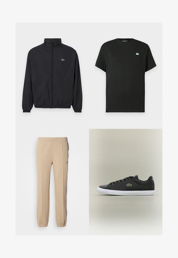 Čierna ľahká bunda s stojatým golierom, predným zipsom, elastickými manžetami a lemom. Obsahuje malé zelené logo Lacoste na hrudi.; Čierne bavlnené tričko s okrúhlym výstrihom, krátkymi rukávmi a zeleným vyšívaným logom na ľavej strane hrudníka. Hladká textúra, voľný strih.; Lacoste Tepláky - viennese; Čierne kožené tenisky s bielou gumovou podrážkou, s logom zeleného krokodíla a okrúhlymi šnúrkami, elegantný dizajn s hladkou textúrou.