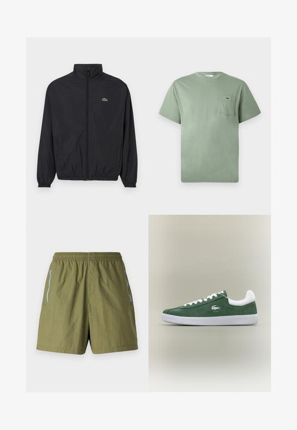 Must värvusega kerge jakk seisva kaelusega, ees lukuga, elastsete mansettide ja äärega. Rinnal on väike roheline Lacoste logo.; Heledane lühikeste varrukatega puuvillane T-särk rinna taskuga, millel on väike kangast krokodilli logo.; Olivroheline lühikesed püksid elastse vöökohtaga, külgmised tõmbluku taskud ja kerge, tekstureeritud kangas.; Madala profiiliga roheline sametist tennis, valgete paelte ja valge tallaga, pehmendatud kannakollari ja brodeeritud krokodillilogo tekstiga "EST. 1933".