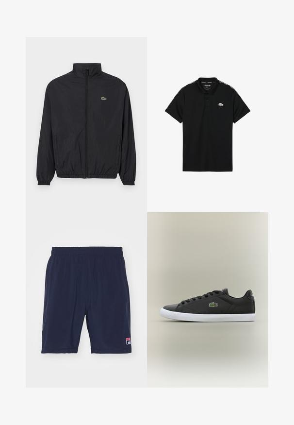 Chaqueta ligera negra con cuello alzado, cierre frontal, puños elásticos y dobladillo. Presenta un pequeño logo verde de Lacoste en el pecho.; Camisa polo negra de algodón. Presenta un cuello, mangas cortas y un pequeño logotipo blanco en el pecho. Costuras laterales con un detalle estampado.; Fila SHORTS FILIP - Pantalón corto de deporte - navy; Zapatillas de cuero negro con suela de goma blanca, con un logo de cocodrilo verde y cordones redondos, diseño elegante con textura suave.