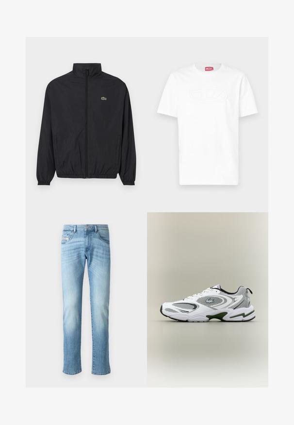 Must värvusega kerge jakk seisva kaelusega, ees lukuga, elastsete mansettide ja äärega. Rinnal on väike roheline Lacoste logo.; Valge lühikeste varrukatega ümara kaelusega T-särk, millel on rinnal reljeefne ovaalne logo ja krae sees punane Diesel'i brändisilt.; Heledad sinised sirged teksad, millel on pleekinud detailid, esine nupp ja viie tasku disain, valgel taustal.; Valge ja hall sportlik jooksujalats, millel on võrgupaneelid, rohelised aktsendid, mustad detailid ja küljes logo, nähtuna välisküljelt.