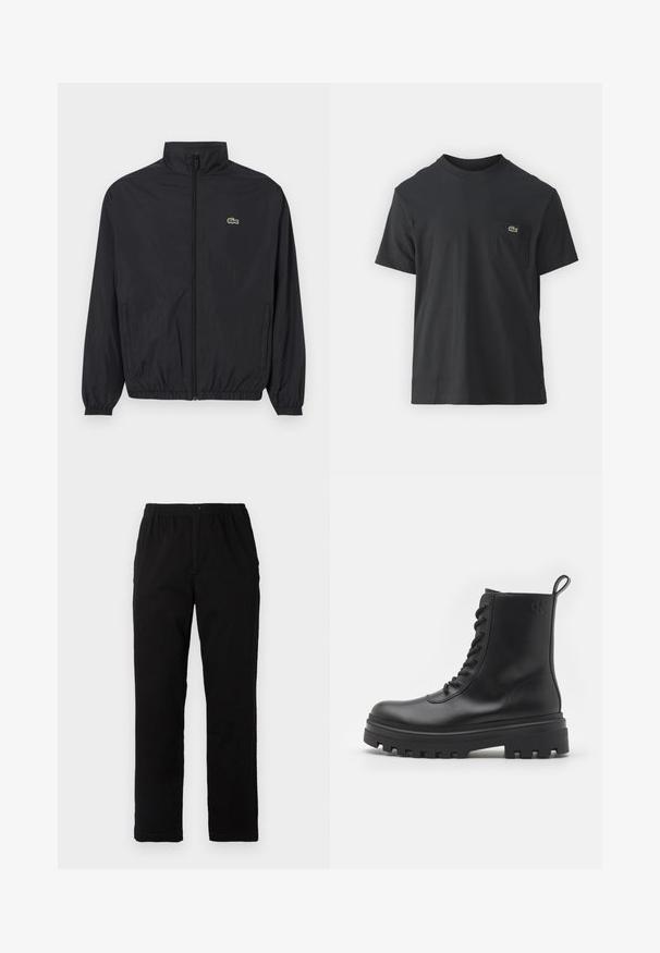 Must värvusega kerge jakk seisva kaelusega, ees lukuga, elastsete mansettide ja äärega. Rinnal on väike roheline Lacoste logo.; Must musta T-särk lühikeste varrukatega, ümmarguse kaelusega ja väikese rohelise logoga vasakus rinnataskus. Lihtne disain, regulaarne lõige.; Mustad mustreid, puuvillast segakanga valmistatud mustad püksid, mis on sirge lõikega, elastse vöökoht ja nööp, ilma nähtavate mustrite või aktsentideta.; Calvin Klein Jeans Nööritavad poolsaapad - triple black