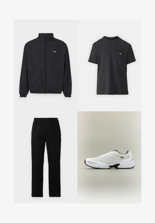 Čierna ľahká bunda s stojatým golierom, predným zipsom, elastickými manžetami a lemom. Obsahuje malé zelené logo Lacoste na hrudi.; Čierne bavlnené tričko s krátkymi rukávmi, okrúhlym výstrihom a malým zeleným logom na ľavej náprsnej kapsičke. Jednoduchý dizajn, bežný strih.; Čierne nohavice vyrobené z bavlnenej zmesi, so strihom rovného strihu, elastickým pásom s gombíkom a bez viditeľných vzorov alebo akcentov.; Biele atletické tenisky s textúrovaným sieťovinovým zvrškom, zakriveným dizajnom a kontrastnou čiernou podrážkou. S greennou vyšívanou nášivkou na boku.