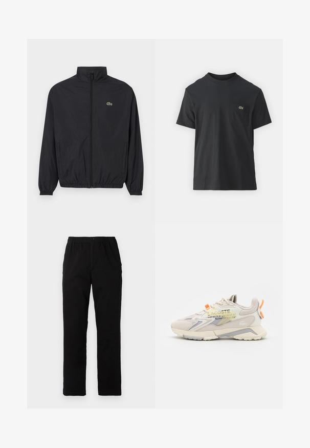Fekete, könnyű dzseki álló gallérral, elülső cipzárral, rugalmas mandzsettákkal és aljjal. A mellkason egy kis zöld Lacoste logó található.; Fekete pamut póló rövid ujjakkal, kerek nyakú, bal oldalon egy kis zöld logóval a zseb fölött. Egyszerű dizájn, normál szabású.; Fekete pamut keverék anyagú nadrág, egyenes szabású, rugalmas derékrésszel és gombbal, látható minták vagy díszítések nélkül.; Világos bézs sportcipők hálós és bőrbetétekkel, narancssárga és szürke részletekkel, textured talppal és logóval.