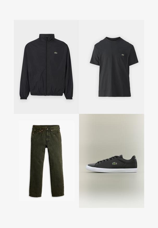 Černá lehká bunda s vysokým límcem, předním zipem, elastickými manžetami a lemem. Na hrudi se nachází malé zelené logo Lacoste.; Černé bavlněné tričko s krátkým rukávem, kulatým výstřihem a malým zeleným logem na levé kapse. Jednoduchý design, klasický střih.; Levi's® 565 LOOSE STRAIGHT - Volné džíny - flying solo od; Černé kožené tenisky s bílou gumovou podrážkou, se zeleným logem krokodýla a kulatými tkaničkami, elegantní design s hladkým povrchem.