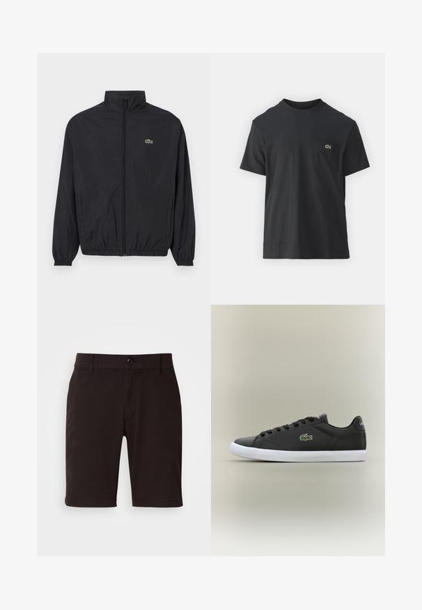Svart lättviktsjacka med ståkrage, framdragkedja, elastiska ärmslut och nederkant. Har en liten grön Lacoste-logotyp på bröstet.; Svart bomullströja med korta ärmar, rund halsringning och en liten grön logotyp på vänster bröstficka. Enkelt mönster, vanlig passform.; Svarta shorts i slätt tyg, med knäppning, bältesl ök och rena linjer. Längden når precis ovanför knät.; Svarta lädersneakers med vit gummisula, med en grön krokodil-logotyp och runda snörningar, slankt design med slät textur.