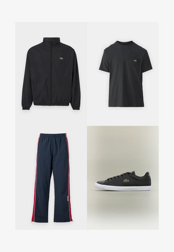 Black lightweight jacket with a stand collar, front zipper, elastic cuffs, and hem. Features a small green Lacoste logo on the chest.; Black cotton t-shirt with short sleeves, round neckline, and a small green logo on the left chest pocket. Simple design, regular fit.; Navy athletic pants with an elastic waist and red side stripes. Features white piping and zippers at the ankle for adjustments. Lightweight material.; Black leather sneakers with white rubber sole, featuring a green crocodile logo and round laces, sleek design with smooth texture.