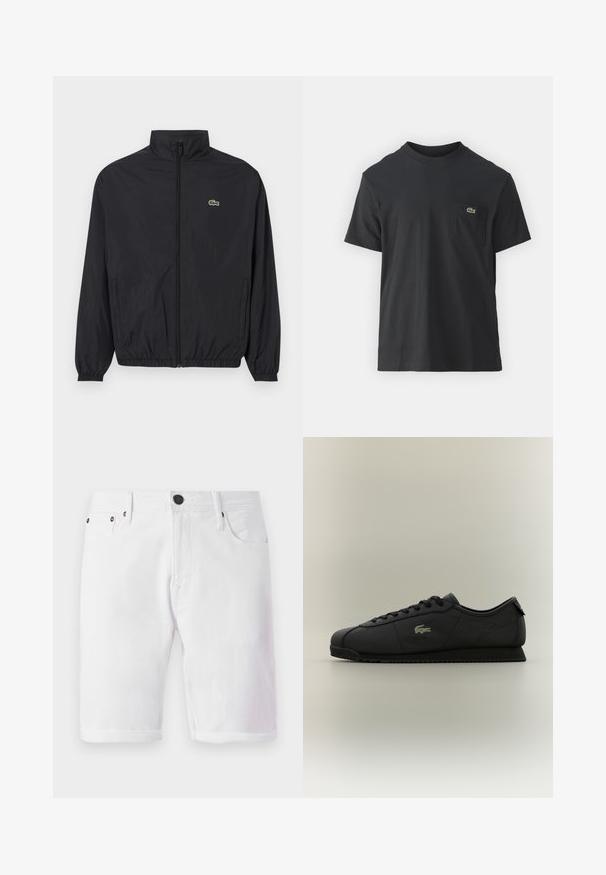 Black lightweight jacket with a stand collar, front zipper, elastic cuffs, and hem. Features a small green Lacoste logo on the chest.; Black cotton t-shirt with short sleeves, round neckline, and a small green logo on the left chest pocket. Simple design, regular fit.; White denim shorts with a button closure, five-pocket design, and rolled hem. Smooth texture with metal accents on pockets.; Black low-top sneaker with lace-up front, textured sole, and gold crocodile logo on the side.