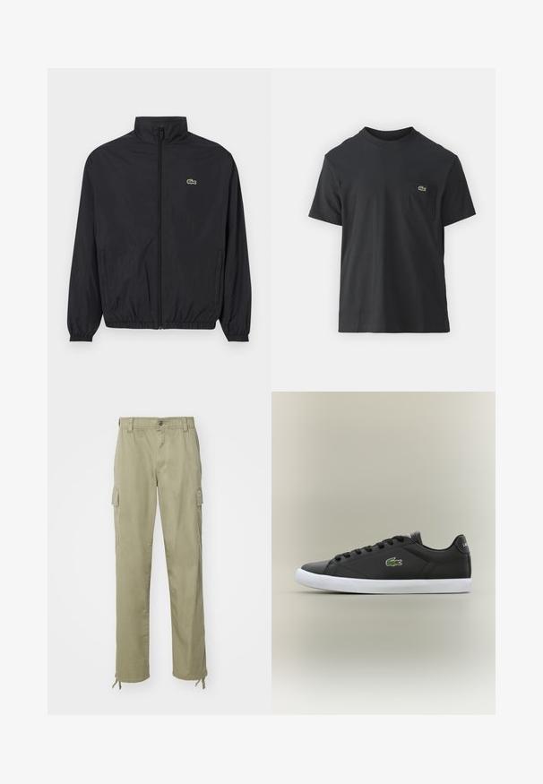 Black lightweight jacket with a stand collar, front zipper, elastic cuffs, and hem. Features a small green Lacoste logo on the chest.; Black cotton t-shirt with short sleeves, round neckline, and a small green logo on the left chest pocket. Simple design, regular fit.; Khaki cargo pants made of cotton, featuring an elastic waistband, two side pockets, and drawstrings at the ankles.; Black leather sneakers with white rubber sole, featuring a green crocodile logo and round laces, sleek design with smooth texture.