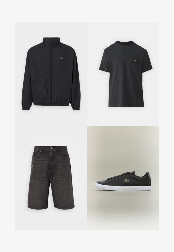 Svart lett jakke med stående krage, frontglidelås, elastiske mansjetter og hem. Har en liten grønn Lacoste-logo på brystet.; Svart bomull t-skjorte med korte ermer, rund hals og en liten grønn logo på venstre brystlomme. Enkelt design, normal passform.; Sorte denimshorts med en avslappet passform, med frontlommer, en slitt tekstur og en klassisk linning med en enkelt knappelukking.; Svarte lær sneakers med hvit gummisåle, med grønt krokodillelogo og runde snører, elegant design med glatt tekstur.