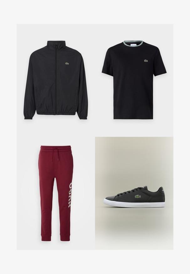 Black lightweight jacket with a stand collar, front zipper, elastic cuffs, and hem. Features a small green Lacoste logo on the chest.; Black cotton t-shirt with a crew neck, featuring a white and green striped trim, and embroidered green crocodile logo on the left chest.; HUGO DUTSCHI - Tracksuit bottoms - dark pink; Black leather sneakers with white rubber sole, featuring a green crocodile logo and round laces, sleek design with smooth texture.
