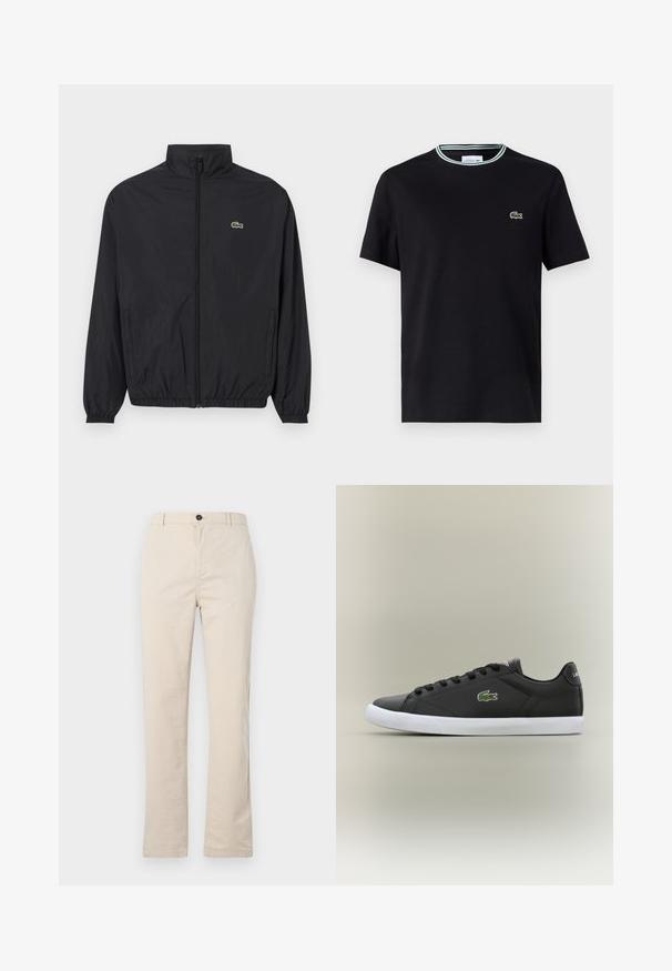 Zwarte lichtgewicht jas met een staande kraag, ritssluiting aan de voorkant, elastische manchetten en zoom. Bevat een klein groen Lacoste-logo op de borst.; Zwarte katoenen t-shirt met ronde hals, voorzien van een witte en groene gestreepte afwerking en een geborduurd groen krokodillenlogo op de linkerborst.; Lichtbeige katoenen broek met een rechte pijpdesign, voorzien van een knoopsluiting aan de voorkant, een ritssluiting en minimale stikdetails.; Zwarte leren sneakers met een witte rubberen zool, voorzien van een groen krokodil logo en ronde veters, slank ontwerp met een gladde textuur.
