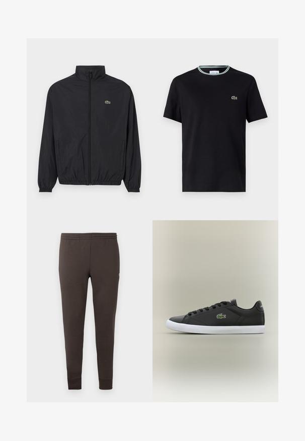 Černá lehká bunda s vysokým límcem, předním zipem, elastickými manžetami a lemem. Na hrudi se nachází malé zelené logo Lacoste.; Černé bavlněné tričko s kulatým výstřihem, se zeleno-bílým pruhovaným lemem a vyšitým zeleným krokodýlím logem na levém hrudníku.; Tmavě hnědé tepláky vyrobené z měkké látky. Mají elastický pas a zúžené manžety. Minimalistický design bez vzorů.; Černé kožené tenisky s bílou gumovou podrážkou, se zeleným logem krokodýla a kulatými tkaničkami, elegantní design s hladkým povrchem.