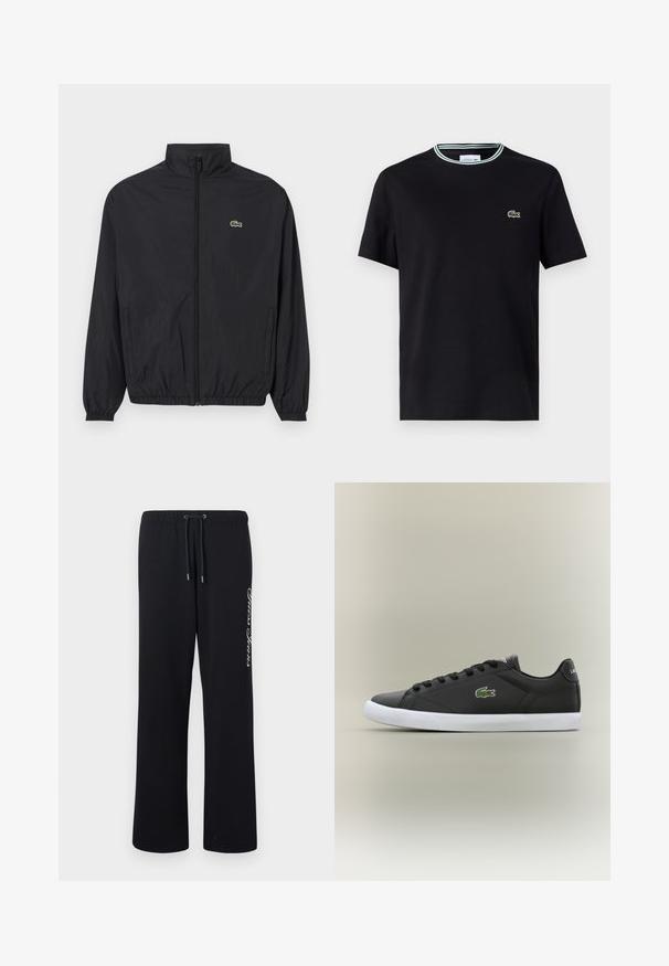 Black lightweight jacket with a stand collar, front zipper, elastic cuffs, and hem. Features a small green Lacoste logo on the chest.; Black cotton t-shirt with a crew neck, featuring a white and green striped trim, and embroidered green crocodile logo on the left chest.; Black sweatpants made of soft material with an elastic waistband and a drawstring. Features text printed in white on one side.; Black leather sneakers with white rubber sole, featuring a green crocodile logo and round laces, sleek design with smooth texture.