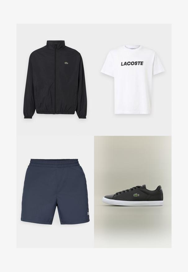 Fekete, könnyű dzseki álló gallérral, elülső cipzárral, rugalmas mandzsettákkal és aljjal. A mellkason egy kis zöld Lacoste logó található.; Fehér pamut póló, amelyen egy feltűnő fekete "LACOSTE" logó található a mellkason. Rövid ujjak és kerek nyakú dizájn.; Sötétkék fürdőnadrág, könnyű anyagból készült; rugalmas derékkal és egy kis logóval a jobb alsó sarokban.; Fekete bőr sportcipők fehér gumitalppal, zöld krokodil logóval és kerek fűzőkkel, elegáns dizájn sima felülettel.