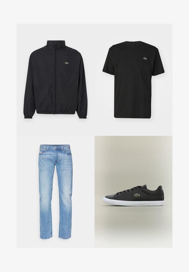 Juodas lengvas džemperis su stovinčiu apykakle, priekiniais užtrauktukais, elastingomis rankovėmis ir apačia. Bruožas - mažas žalias „Lacoste“ logotipas ant krūtinės.; Juodas medvilnės marškinėliai trumpomis rankovėmis ir apvalia iškirpte. Yra mažas žalias ir baltas krokodilo logotipas kairėje krūtinės pusėje.; Šviesiai mėlynos tiesaus kirpimo džinsinės kelnės su priekiniais mygtukais ir užtrauktuku, diržo kilpomis ir priekinėmis kišenėmis ant baltos fono.; Juodos odinės sportbačiai su baltais guminiais padais, turintys žalią krokodilo logotipą ir apvalias raišteles, elegantiškas dizainas su lygia tekstūra.