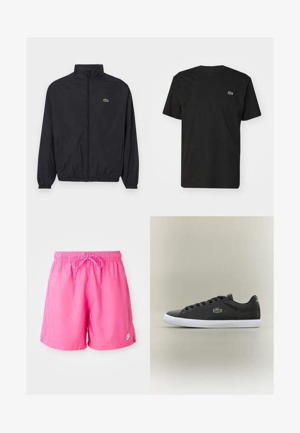 Melna viegla jaka ar stāvu apkakli, priekšējo rāvējslēdzēju, elastīgām piedurknēm un apakšu. Jaka ir ar mazu zaļu Lacoste logo uz krūšu.; Melnas kokvilnas T-krekls ar īsām piedurknēm un apaļu kakla izgriezumu. Uz kreisā krūts ir neliels zaļš un balts krokodila logos.; Rozā sporta šorti ar elastīgu jostu un auklu. Izgatavoti no viegla materiāla, ar sāniem šķēlumiem un nelielu logotipa detaļu.; Melnas ādas sporta apavas ar baltu gumijas zoli, rotāts ar zaļu krokodila logotipu un apaļām šņorēm, elegants dizains ar gludu tekstūru.