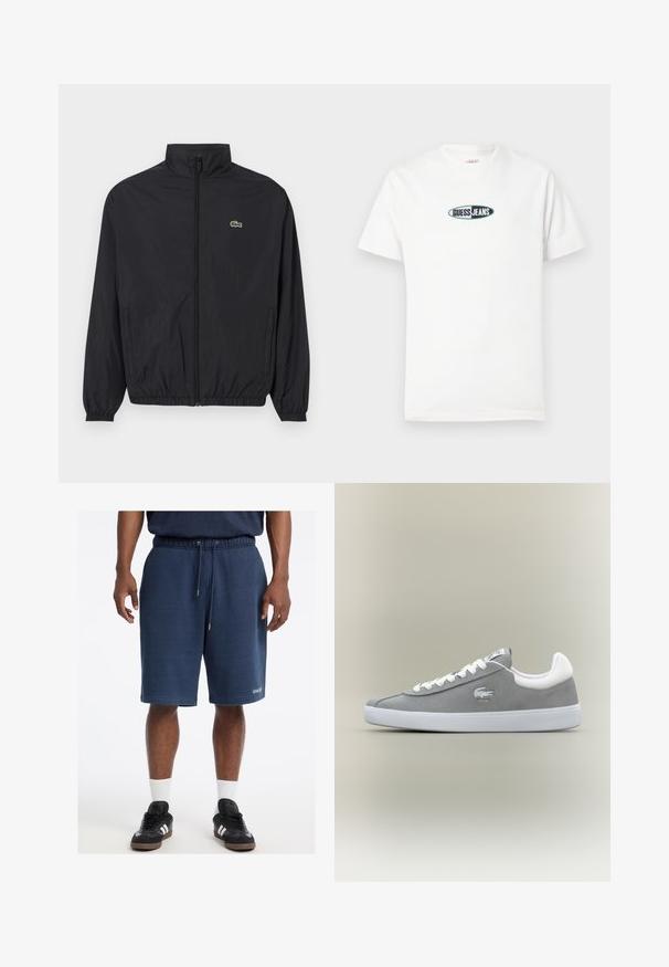 Schwarze, leichte Jacke mit Stehkragen, Frontreißverschluss, elastischen Bündchen und Saum. Verfügt über ein kleines grünes Lacoste-Logo auf der Brust.; Weißes Baumwoll-T-Shirt mit kurzen Ärmeln und rundem Ausschnitt. In der Mitte befindet sich ein gesticktes Logo mit der Aufschrift "GUESS JEANS."; Navyblaue Baumwollshorts mit einem elastischen Bund, Kordelzug, Seitentaschen und "GUESS"-Logo am vorderen Saum.; Graue Wildleder-Sneaker mit weißer Gummisohle, Schnürverschluss und gesticktem Logo an der Seite. Minimalistisches Design mit klassischer Silhouette.