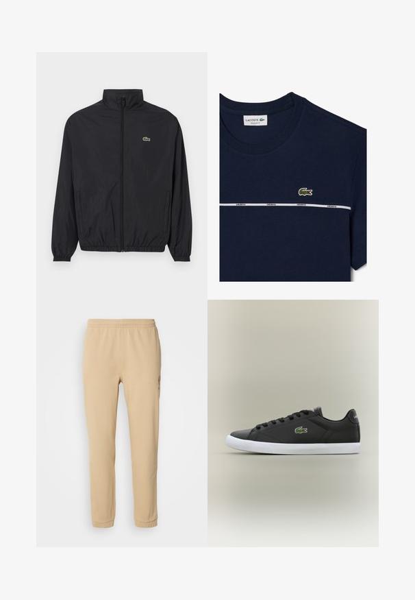 Svart lett jakke med stående krage, frontglidelås, elastiske mansjetter og hem. Har en liten grønn Lacoste-logo på brystet.; Marineblå bomulls-T-skjorte med rund hals, med en hvit stripe og "LACOSTE"-merke, samt en liten grønn krokodillelogo på brystet.; Beige bomullssweatpants med elastisk midje, smalere ben og broderidetaljer på sidene, med myk tekstur og enkelt design.; Svarte lær sneakers med hvit gummisåle, med grønt krokodillelogo og runde snører, elegant design med glatt tekstur.