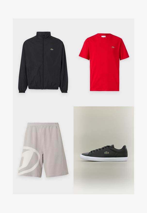 Giacca leggera nera con colletto alto, zip frontale, polsini elastici e orlo. Presenta un piccolo logo verde Lacoste sul petto.; T-shirt di cotone rosso con maniche corte, colletto a girocollo e un piccolo logo di coccodrillo verde sul lato sinistro del petto. Tessuto liscio, vestibilità casual.; Pantaloncini casual grigio chiaro con cintura elastica e un grande disegno astratto bianco sulla gamba sinistra, mostrati su sfondo bianco.; Sneaker nere in pelle con suola in gomma bianca, dotate di logo verde a forma di coccodrillo e lacci rotondi, design elegante con texture liscia.