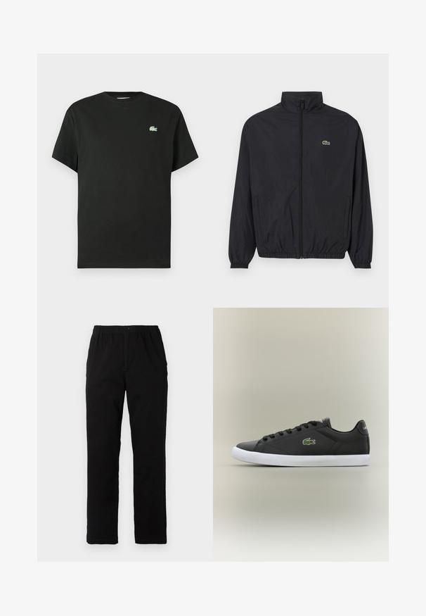 Svart lett jakke med stående krage, frontglidelås, elastiske mansjetter og hem. Har en liten grønn Lacoste-logo på brystet.; Svart bomulls t-skjorte med rund hals, korte ermer og en grønn brodert logo på venstre bryst. Glatt tekstur, avslappet passform.; Sorte bukser laget av bomullsblandet stoff, med rett snitt, elastisk midjebånd med knapp, og uten synlige mønstre eller detaljer.; Svarte lær sneakers med hvit gummisåle, med grønt krokodillelogo og runde snører, elegant design med glatt tekstur.