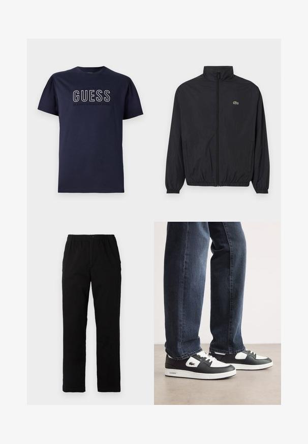 Zwarte lichtgewicht jas met een staande kraag, ritssluiting aan de voorkant, elastische manchetten en zoom. Bevat een klein groen Lacoste-logo op de borst.; Navyblauwe katoenen t-shirt met korte mouwen, voorzien van een verhoogd "GUESS" logo en de tekst "CLASSIC AMERICAN STYLE" in wit en grijs. Eenvoudig ontwerp.; Zwarte broek van een katoenmix, met een rechte snit, een elastische tailleband met knoop en zonder zichtbare patronen of accenten.; Zwart-witte Lacoste sneakers met een gestructureerde leren bovenkant, voorzien van een vetersluiting en een witte rubberen loopzool. Gecombineerd met een donkere jeans.