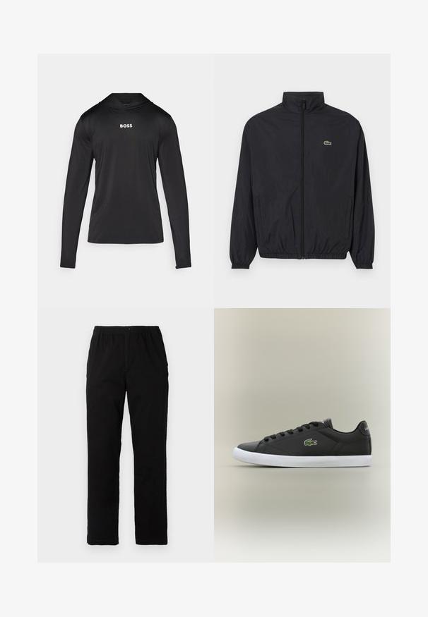 Svart lättviktsjacka med ståkrage, framdragkedja, elastiska ärmslut och nederkant. Har en liten grön Lacoste-logotyp på bröstet.; Svart långärmad huvtröja i mjukt tyg. Har en justerbar huva och en vit "BOSS"-logotyp på framsidan.; Svarta byxor i en blandning av bomull, med rak passform, elastisk midja med knapp och utan synliga mönster eller accenter.; Svarta lädersneakers med vit gummisula, med en grön krokodil-logotyp och runda snörningar, slankt design med slät textur.