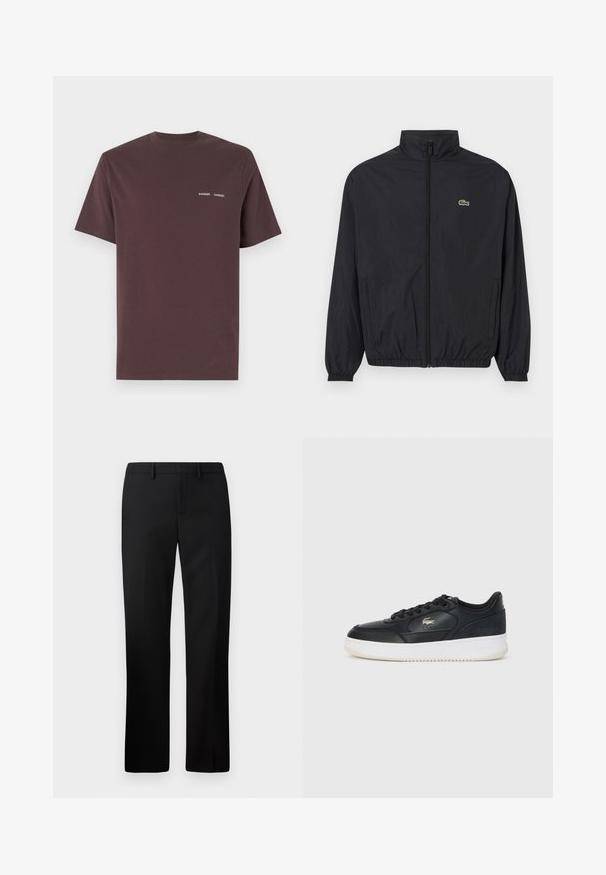 Black lightweight jacket with a stand collar, front zipper, elastic cuffs, and hem. Features a small green Lacoste logo on the chest.; Burgundy cotton t-shirt featuring short sleeves and a crew neck, with the brand name "Samsoe Samsoe" printed in white on the chest.; Black tailored trousers with a straight leg design, made from smooth fabric. Features include a flat front and mid-rise waistband.; Black leather sneaker with white sole, featuring a rounded toe, lace-up design, and a subtle logo on the side. Textured upper accents.