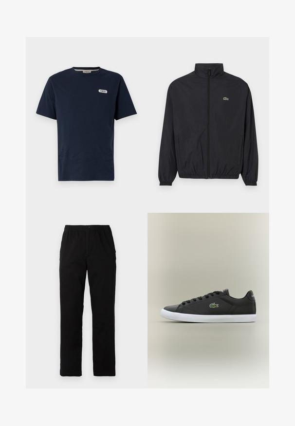 Black lightweight jacket with a stand collar, front zipper, elastic cuffs, and hem. Features a small green Lacoste logo on the chest.; Navy blue cotton t-shirt with a crew neck, short sleeves, and a white "POMPEII" logo on the left chest area. Smooth texture, casual fit.; Black pants made of cotton blend fabric, featuring a straight cut, elastic waistband with button, and no visible patterns or accents.; Black leather sneakers with white rubber sole, featuring a green crocodile logo and round laces, sleek design with smooth texture.