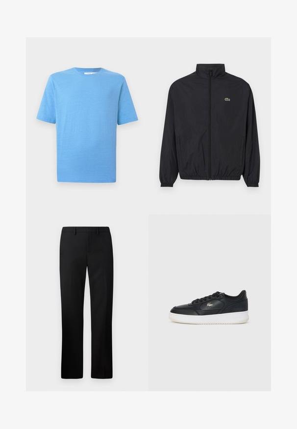 Sort letvægtsjakke med opretstående krave, frontlynlås, elastiske manchetter og kant. Har et lille grønt Lacoste-logo på brystet.; Kortærmet T-shirt i lyseblå, lavet af blødt stof. Har en klassisk rund hals og lige skåret kant med diskret teksturdetalje.; Sorte skræddersyede bukser med lige ben-design, lavet af glat stof. Funktioner inkluderer en flad front og mid-rise talje.; Sorte lædersneakers med hvid sål, der har en rund tå, snørebåndsdesign og et diskret logo på siden. Teksturerede overskydende detaljer.