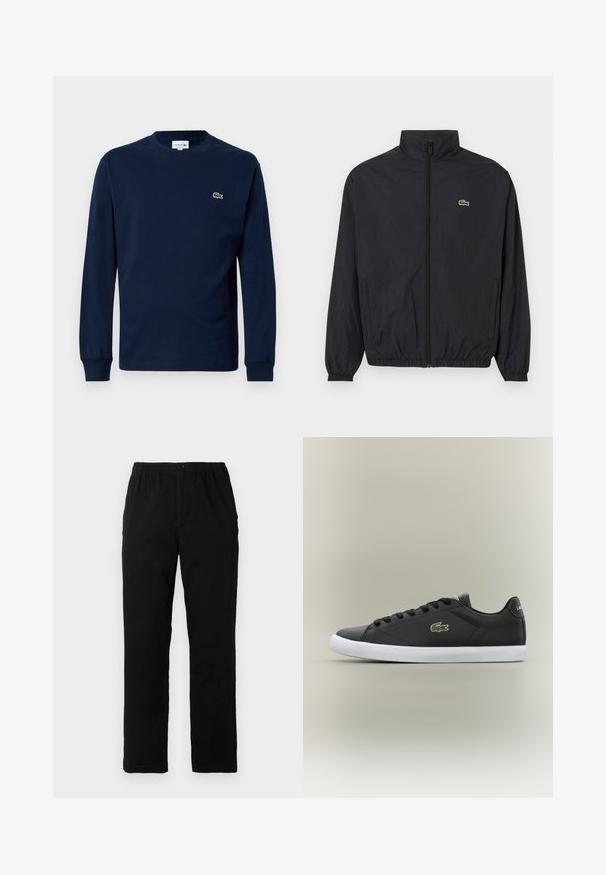 Svart lättviktsjacka med ståkrage, framdragkedja, elastiska ärmslut och nederkant. Har en liten grön Lacoste-logotyp på bröstet.; Marinblå långärmad t-shirt i bomull, med rundad halsringning och en liten grön krokodil-logotyp på vänster bröst.; Svarta byxor i en blandning av bomull, med rak passform, elastisk midja med knapp och utan synliga mönster eller accenter.; Svarta lädersneakers med vit gummisula, med en grön krokodil-logotyp och runda snörningar, slankt design med slät textur.