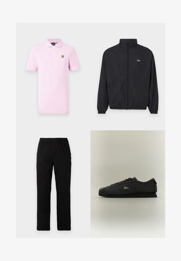Zwarte lichtgewicht jas met een staande kraag, ritssluiting aan de voorkant, elastische manchetten en zoom. Bevat een klein groen Lacoste-logo op de borst.; Lichtroze poloshirt gemaakt van katoen, met een klassieke kraag, een knoopsluiting met drie knopen, korte mouwen en een klein geborduurd logo op de borst.; Zwarte broek van een katoenmix, met een rechte snit, een elastische tailleband met knoop en zonder zichtbare patronen of accenten.; Zwarte low-top sneaker met vetersluiting aan de voorkant, textuurzool en gouden krokodillologo aan de zijkant.