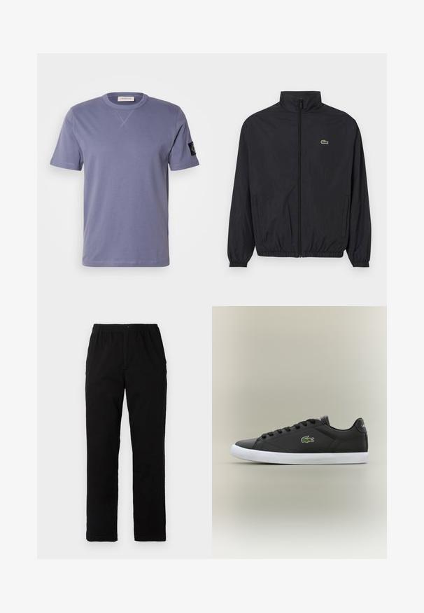 Black lightweight jacket with a stand collar, front zipper, elastic cuffs, and hem. Features a small green Lacoste logo on the chest.; Short-sleeve, crew-neck T-shirt in lavender cotton, featuring a small black logo patch on the left sleeve and contrasting stitching.; Black pants made of cotton blend fabric, featuring a straight cut, elastic waistband with button, and no visible patterns or accents.; Black leather sneakers with white rubber sole, featuring a green crocodile logo and round laces, sleek design with smooth texture.