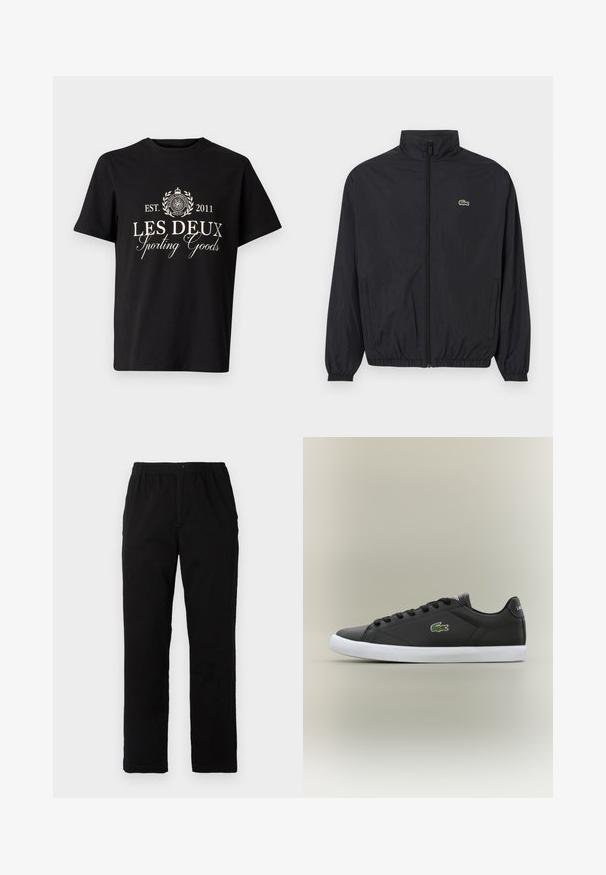 Musta kevyt takki, jossa on pystykaulus, edessä vetoketju, joustavat hihansuut ja helma. Rinnassa on pieni vihreä Lacoste-logo.; Musta puuvillainen t-paita, jossa on pyöreä kaulus, ja valkoisella painettuna teksti: "LES DEUX Sporting Goods" sekä logo laakerinlehtikoristeilla.; Mustat housut, jotka on valmistettu puuvilla-sekoitekankaasta, suoran mallin, joustavan vyötärönauhan ja napin kanssa, ilman näkyviä kuvioita tai yksityiskohtia.; Mustat nahkakengät valkoisella kumipohjalla, jossa on vihreä krokotiililogo ja pyöreät nauhat, sulavalinjainen muotoilu sileällä pinnalla.