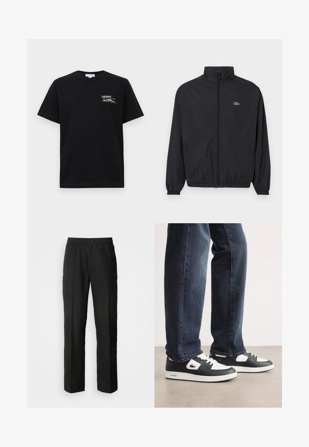 Chaqueta ligera negra con cuello alzado, cierre frontal, puños elásticos y dobladillo. Presenta un pequeño logo verde de Lacoste en el pecho.; Camiseta de algodón negra con mangas cortas, cuello redondo y un logo bordado de "LACOSTE" con gráficos de montaña en el lado izquierdo del pecho.; Pantalones negros con un diseño de pierna recta, confeccionados con una tela suave. Cuentan con una cinturilla elástica y un cierre de botón.; Zapatillas Lacoste en blanco y negro con una parte superior de cuero texturizado, que presentan un diseño con cordones y una suela de goma blanca. Combinadas con jeans oscuros.