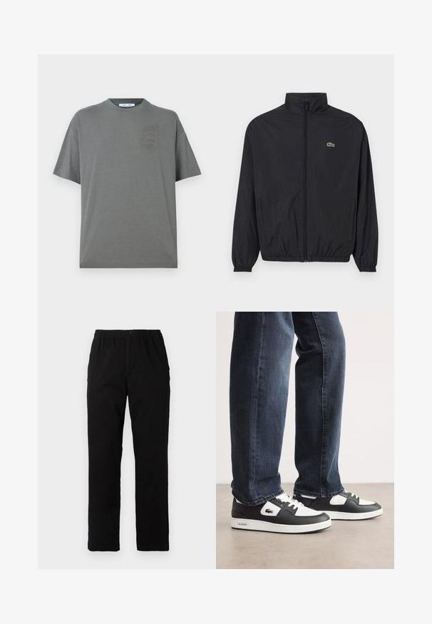 Giacca leggera nera con colletto alto, zip frontale, polsini elastici e orlo. Presenta un piccolo logo verde Lacoste sul petto.; T-shirt grigia in cotone con collo rotondo, maniche corte e un piccolo logo discreto sul fronte. Design semplice con una vestibilità comoda.; Pantaloni neri realizzati in un tessuto misto cotone, caratterizzati da un taglio dritto, vita elastica con bottone e senza motivi o dettagli visibili.; Sneaker Lacoste in bianco e nero con tomaia in pelle testurizzata, dotate di un design con lacci e suola in gomma bianca. Indossate con jeans scuri.