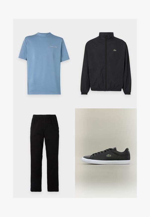 Juodas lengvas džemperis su stovinčiu apykakle, priekiniais užtrauktukais, elastingomis rankovėmis ir apačia. Bruožas - mažas žalias „Lacoste“ logotipas ant krūtinės.; Trumpas rankovės apvalus iškirpimas marškinėliai iš minkštos mėlynos medvilnės. Yra minimalus baltas logotipas ant priekinės dalies, plokščios siūlės ir standartinė figūra.; Juodi kelnės, pagamintos iš medvilnės mišinio, su tiesiomis kirpimo linijomis, elastingu liemeniu su mygtuku ir be aiškių raštų ar akcentų.; Juodos odinės sportbačiai su baltais guminiais padais, turintys žalią krokodilo logotipą ir apvalias raišteles, elegantiškas dizainas su lygia tekstūra.