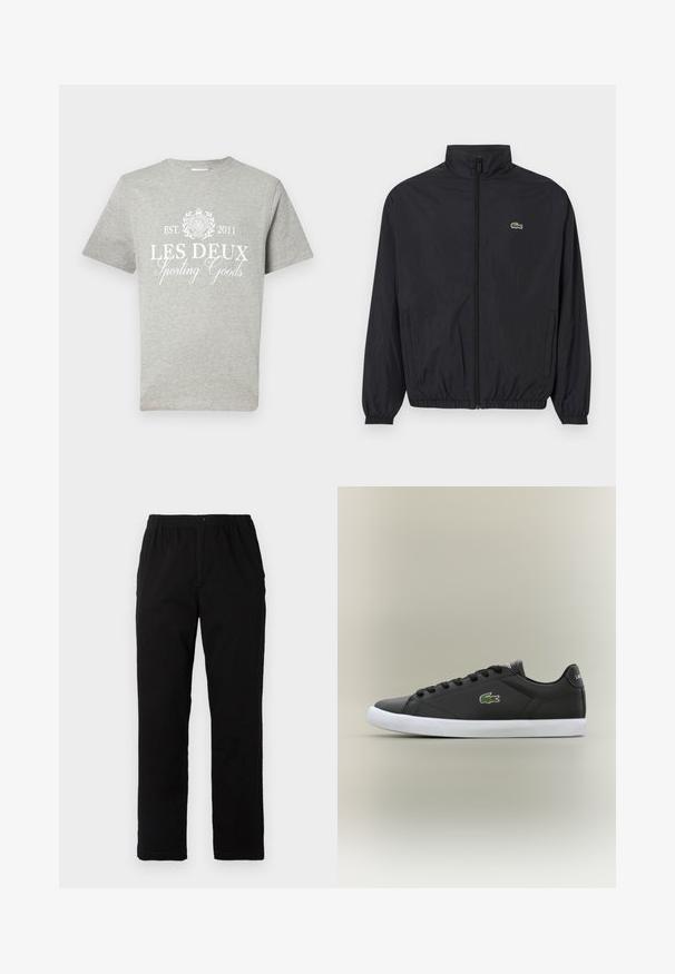 Zwarte lichtgewicht jas met een staande kraag, ritssluiting aan de voorkant, elastische manchetten en zoom. Bevat een klein groen Lacoste-logo op de borst.; Grijze T-shirt met korte mouwen van katoen, met witte bedrukte tekst "LES DEUX Sporting Goods" met een cirkelvormig logo erboven en het jaar van oprichting.; Zwarte broek van een katoenmix, met een rechte snit, een elastische tailleband met knoop en zonder zichtbare patronen of accenten.; Zwarte leren sneakers met een witte rubberen zool, voorzien van een groen krokodil logo en ronde veters, slank ontwerp met een gladde textuur.