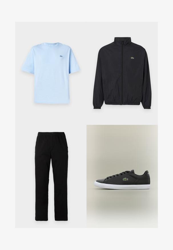 Schwarze, leichte Jacke mit Stehkragen, Frontreißverschluss, elastischen Bündchen und Saum. Verfügt über ein kleines grünes Lacoste-Logo auf der Brust.; Hellblaues Baumwoll-T-Shirt mit Rundhalsausschnitt, kurzen Ärmeln und einem kleinen gestickten Logo auf der linken Brustseite. Weicher Stoff, lässige Passform.; Schwarze Hosen aus einem Baumwollmischgewebe, mit geradem Schnitt, elastischem Bund mit Knopf und ohne sichtbare Muster oder Akzente.; Schwarze Leder-Sneaker mit weißer Gummisohle, ausgestattet mit einem grünen Krokodil-Logo und runden Schnürsenkeln, elegantes Design mit glatter Textur.