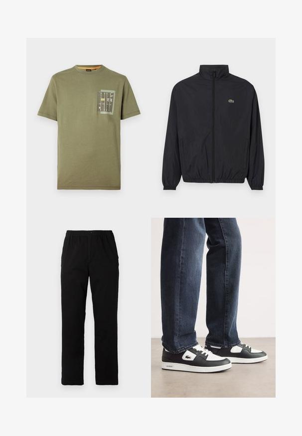 Black lightweight jacket with a stand collar, front zipper, elastic cuffs, and hem. Features a small green Lacoste logo on the chest.; Olive green cotton t-shirt with a rounded neckline and short sleeves. Features a pocket with a graphic print in black, yellow, and white accents.; Black pants made of cotton blend fabric, featuring a straight cut, elastic waistband with button, and no visible patterns or accents.; Black and white Lacoste sneakers with a textured leather upper, featuring a lace-up design and a white rubber outsole. Worn with dark jeans.