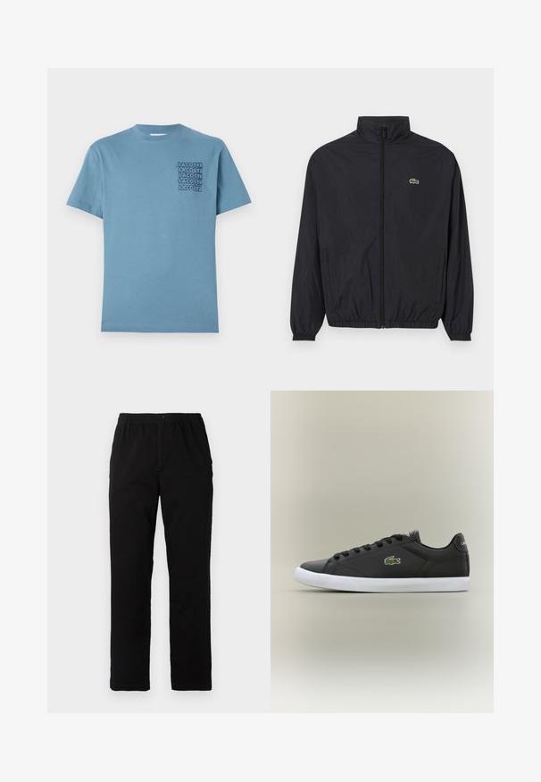 Chaqueta ligera negra con cuello alzado, cierre frontal, puños elásticos y dobladillo. Presenta un pequeño logo verde de Lacoste en el pecho.; Camiseta de algodón azul claro con cuello redondo y mangas cortas. En el lado izquierdo del pecho tiene un diseño del logotipo apilado en negro "LACOSTE".; Pantalones negros de tejido de mezcla de algodón, con corte recto, cintura elástica con botón y sin patrones o acentos visibles.; Zapatillas de cuero negro con suela de goma blanca, con un logo de cocodrilo verde y cordones redondos, diseño elegante con textura suave.