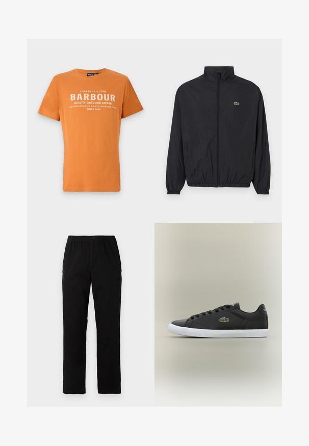 Must värvusega kerge jakk seisva kaelusega, ees lukuga, elastsete mansettide ja äärega. Rinnal on väike roheline Lacoste logo.; Oranž T-särk lühikeste varrukatega. Omab valget teksti: "BARBOUR KVALITEETNE VÄLISRIIDEID LOODUD SOUTH SHIELDS, ENG ALATES 1894. AASTAST."; Mustad mustreid, puuvillast segakanga valmistatud mustad püksid, mis on sirge lõikega, elastse vöökoht ja nööp, ilma nähtavate mustrite või aktsentideta.; Mustad mustad nahast tennisetossud valge kummist tallaga, millel on roheline krokodillilogo ja ümmargused paelad, stiilne disain sujuva tekstuuriga.